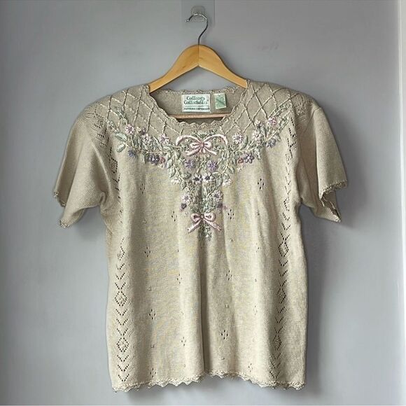 Vintage Cottage Core Knit Pearl Colleens Collectables Embroidered Sweater - Picture 1 of 7